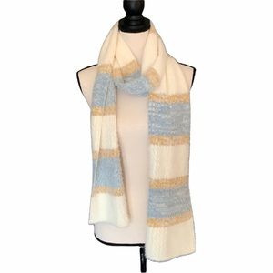 BCBG Blue Gold Cream Striped Fuzzy Color Block Scarf